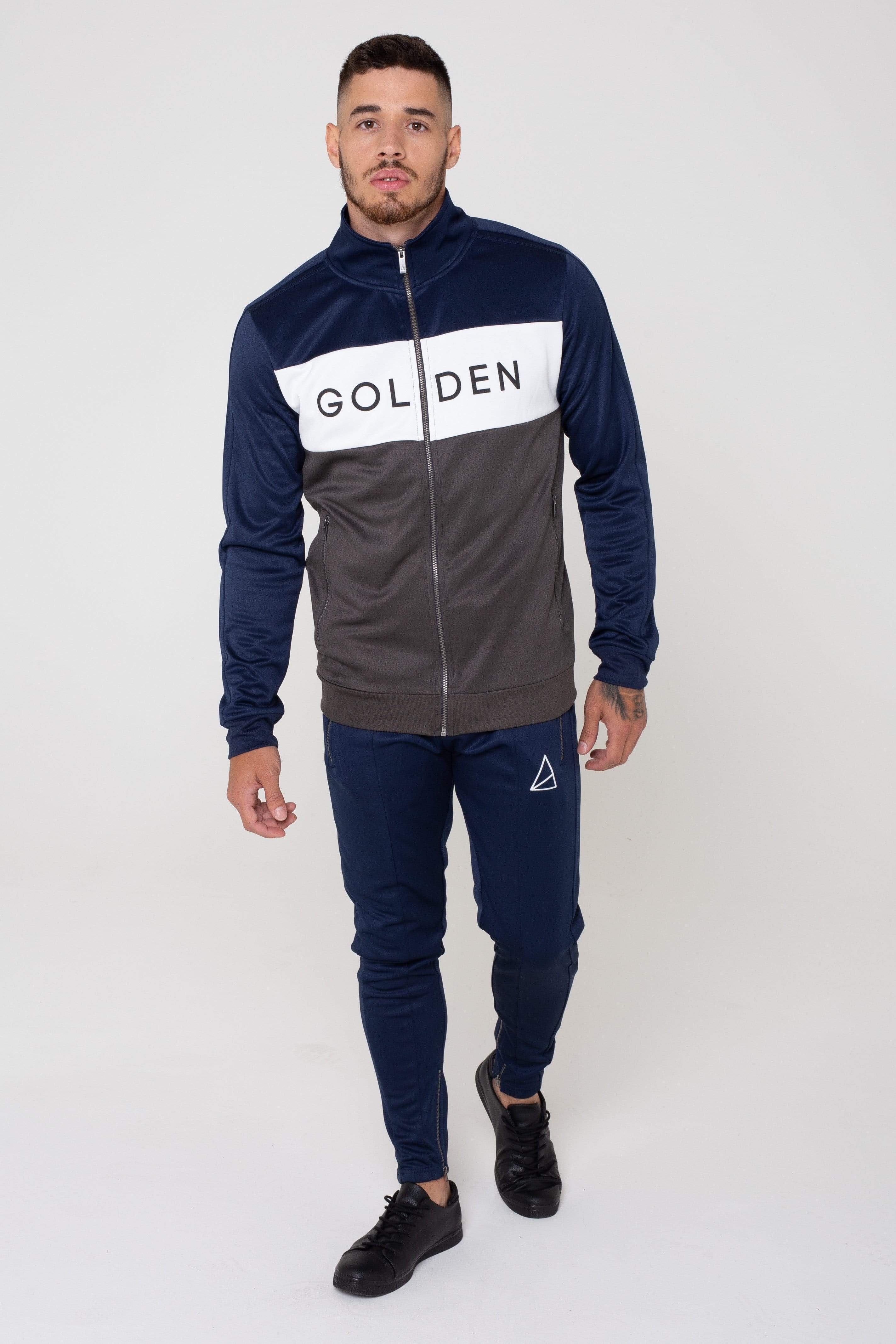 Mens Havana Colour Block Zip Tracksuit Navy Grey Golden Equation