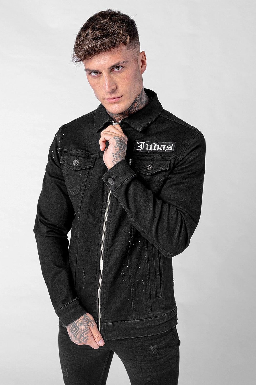 Motion Crystal Skull Zip Denim Jacket Black